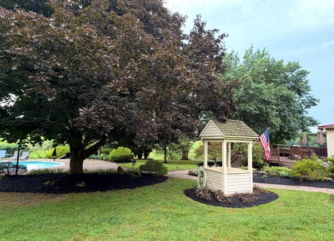 Maintained lawn and mulched garden beds around established trees and a gazebo — work by Dylan’s Lawn Care
