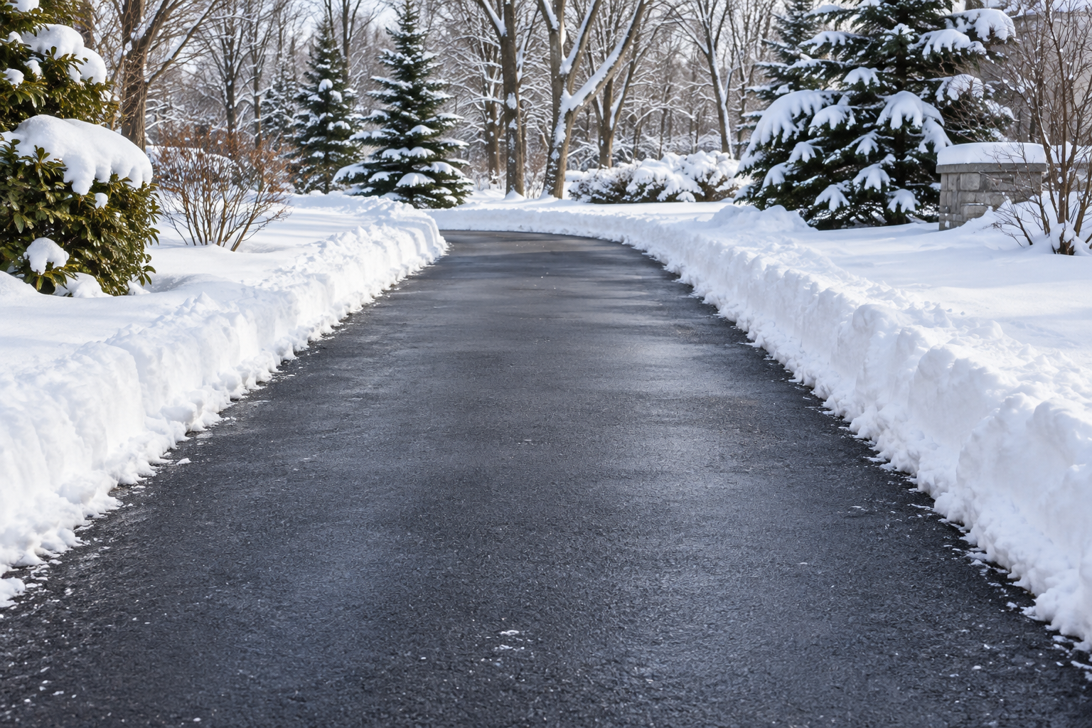 Illustration of a neatly cleared asphalt driveway bordered by snowbanks